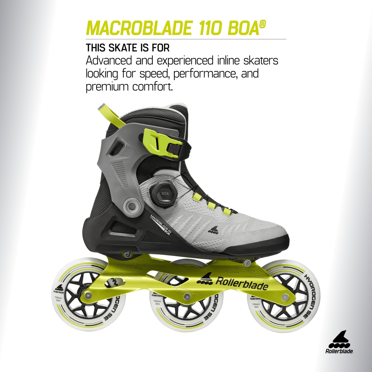 Rollerblade Macroblade 110 BOA® Unisex Adult Fitness Inline Skate, Black/Grey/Lime, Performance Inline Skates