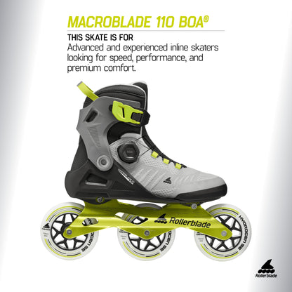 Rollerblade Macroblade 110 BOA® Unisex Adult Fitness Inline Skate, Black/Grey/Lime, Performance Inline Skates