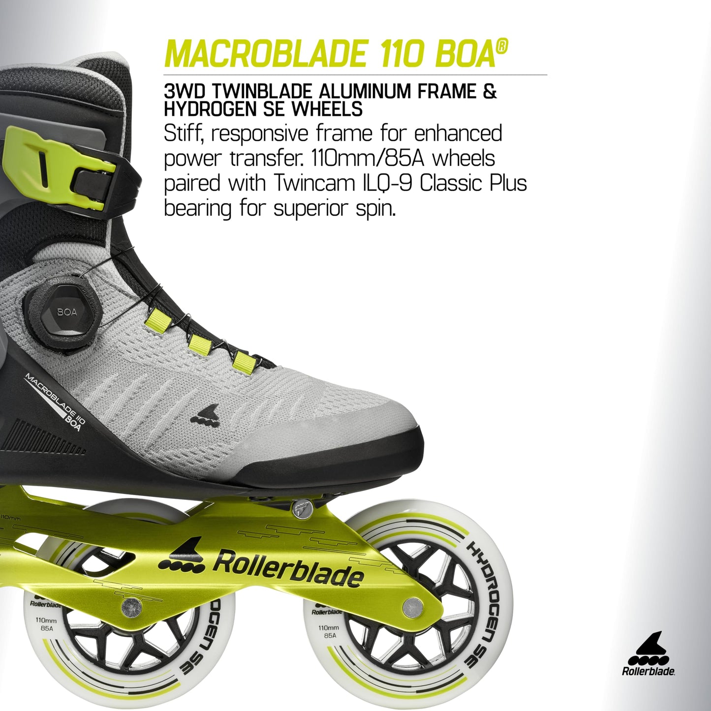 Rollerblade Macroblade 110 BOA® Unisex Adult Fitness Inline Skate, Black/Grey/Lime, Performance Inline Skates