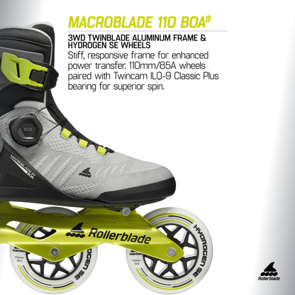 Rollerblade Macroblade 110 BOA® Unisex Adult Fitness Inline Skate, Black/Grey/Lime, Performance Inline Skates